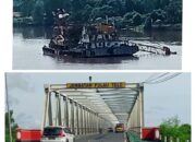 Kapal Crane Base “Kutama 99,NAHAS Saat Melintas dibawah Jembatan Pulau Telo Kapuas