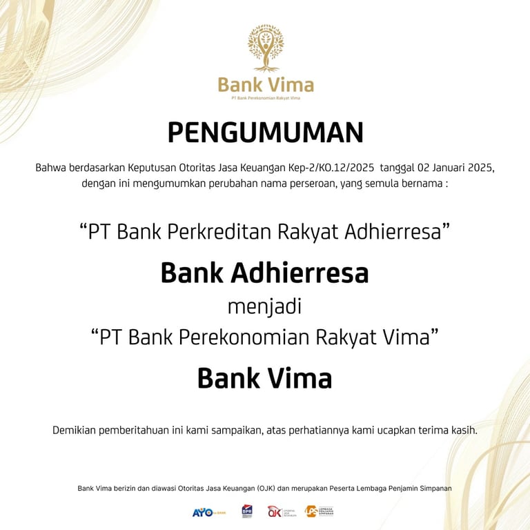 Perubahan Nama dan Logo PT Bank Perkreditan Rakyat Adhierresa menjadi PT Bank Perekonomian Rakyat Vima