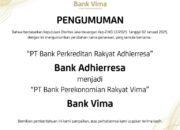 Perubahan Nama dan Logo PT Bank Perkreditan Rakyat Adhierresa menjadi PT Bank Perekonomian Rakyat Vima