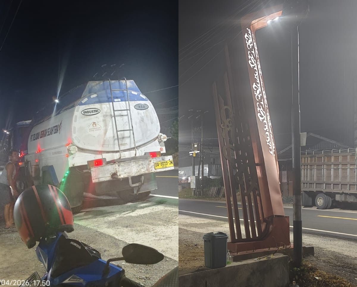 Salah Satu Tiang PJU yang Baru Terpasang di Kapuas Rusak Berat Akibat di Serempet Mobil Tangki Pengangkut BBM Industri