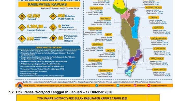 Laporan Harian Posko Induk: Karhutla di Kapuas, 17 Oktober 2026 — Mantangai Paling Tinggi Titik Panas, Tim Gabungan Padamkan Api di 14 Titik